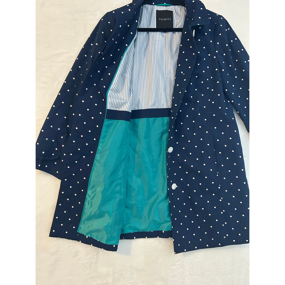 Talbots Navy Blue White Polka Dot Trench Coat Bow‎ Cuff Lined Jacket Mens Medium